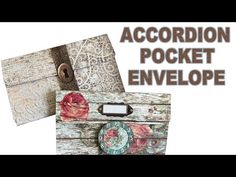 the accordion pocket envelope is made from wood and has flowers on it, along with an old