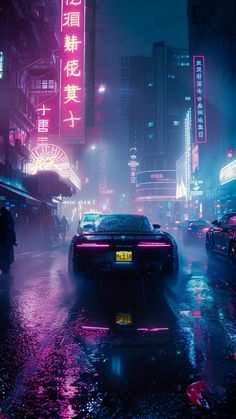 a car driving down a city street at night with neon signs on the buildings behind it