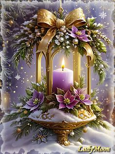 a christmas card with a lit candle and flowers