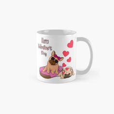 a coffee mug with two dogs on it and hearts floating around the mug, which says happy valentine's day