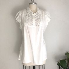 Nwt White Pull Over Short Sleeve Lace Top. Buttons At Bodice With Lace Flutter Style Sleeves. Size Xl. Trim Is 100%Cotton. Blouse 49% Cotton 47% Nylon 4% Other Fiber. Elegant Flutter Sleeve Tops For Daywear, Elegant Cotton Blouse With Flutter Sleeves, Chic Blouse With Lace Trim And Flutter Sleeves, Casual White Blouse With Butterfly Sleeves, Elegant White Blouse With Butterfly Sleeves, Elegant White Butterfly Sleeve Blouse, White Feminine Tops With Butterfly Sleeves, White Feminine Blouse With Butterfly Sleeves, Fitted White Blouse With Butterfly Sleeves