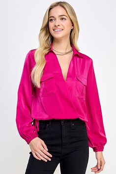 Chic Pink Tops With Pockets, Collar Top, Casual Tops, Casual Fashion, Collar, Long Sleeve, Fabric