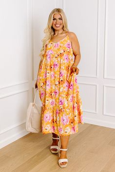 Friendly Smiles Floral Midi Curves Summer Sundress With Pockets And V-neck, Yellow Beach Dress With Pockets, Yellow Vacation Dress With Pockets, Yellow Dress With Pockets For Vacation, Spring Lookbook, Ray Of Sunshine, Darling Dress, Yellow And Pink, V Cut