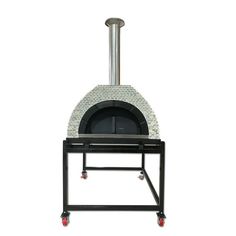 an outdoor pizza oven sitting on top of a metal stand with wheels and casteors