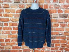 "vintage 1980s striped sweater. Straight out of grandpa's closet. Excellent lightly used condition no issues to note MEASURES -  23\" pit to pit and 27\" long TAGGED - L My policy is NO RETURNS. If I made an error I will make it right 100% but I am not responsible if you change your mind/\"item does not fit\". PLEASE use the measurements provided if you don't know how ask me I will gladly help you :) - This is a TRUE VINTAGE item! Vintage clothing sizing varies wildly ALWAYS use the measurements and info provided in the listing to assure proper fit! The item is decades/years old and will have signs of wear/age/etc so please read the description! ** Why buy from VINTAGE ASSAULT? Because I have sold THOUSANDS of items to THOUSANDS of satisfied customers and have a track record of quality" Vintage Striped Crew Neck Sweater, Vintage Striped Cotton Sweater, Retro Striped Crew Neck Sweater, Random Clothes, Striped Sweater, True Vintage, Vintage Clothing, Basil, Sweater Outfits