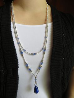 The Sally Anne came into existence with a jewelry party for Aimee's friends. They came to critique items, prices, and buy at reduced rates in return for their help. Sally put aside a pretty little necklace, saying she would love this as a double strand and longer. We worked on it together and the Sally Anne was born! This version is stunning with a Lapis Teardrop (24 by 13 mm), Swarovski Crystal and loads of fabulous Sterling Silver. Lapis Lazuli has been associated with strength and courage. Th Egyptian Necklace, Beaded Things, Star Necklace Silver, Lapis Lazuli Necklace, Double Strand Necklace, Inspirational Jewelry, Bead Necklaces, Jewelry Diy Bracelets, Egyptian Jewelry