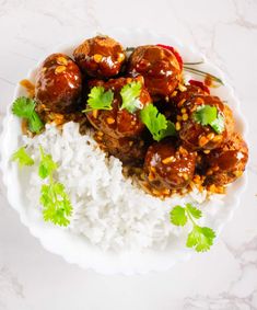 a white plate topped with meatballs and rice