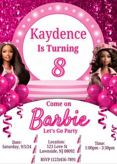 a barbie birthday party with pink balloons and confetti