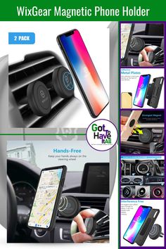 an advertisement for the wireless car phone holder with multiple pictures and instructions to use it