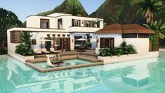 an artist's rendering of a house with a pool in the foreground and mountains in the background