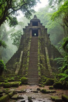 an ancient structure in the jungle with moss growing on it's walls and steps