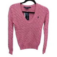 Ralph Lauren Sport Pink 100% Cotton Cable Knit V Neck Pullover Sweater Small S Brand New With Tags. Soft And Clean. See Photos For Details. Ralph Lauren Cable Knit Sweater For Fall, Fitted Long Sleeve Knitted V-neck Sweater, Fitted Long Sleeve V-neck Knitted Sweater, Ralph Lauren Classic Cable Knit Sweater, Cable Knit Long Sleeve Polo Sweater, Textured Knit Long Sleeve Polo Sweater, Long Sleeve Cable Knit Polo Sweater, Fitted Textured Knit V-neck Sweater, Classic Long Sleeve Sweater