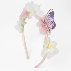 Pull back your hair & bangs with this cute, pastel headband. This headband has faux flowers in Spring-time colors at the top for a peak-a-boo, flower crown look. Headband by Claire's Club Faux flowers Material: Polyester Suitable for ages 3-6 - Claire's Club Pastel Pink Floral Butterfly Headband Butterfly Headband, Fairy Birthday Party, Classic Clothing, Hair Bangs, Fairy Birthday, Cute Pastel, Flower Headpiece, Floral Butterfly, Fashionable Jewelry