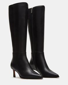 Chic Tall Heeled Boots For Formal Occasions, Formal Wide Calf Mid-calf Heeled Boots, Chic Tall Mid-calf Boots For Formal Occasions, Office Heeled Boots With Pointed Toe And High Fit, Office Heeled Boots With Pointed Toe, Tall Heeled Boots With Pointed Toe For Office, Sleek Wide Calf Mid-calf Boots With Pointed Toe, Chic Pointed Toe Knee-high Boots, Wide Calf Low Heel Knee-high Boots For Work