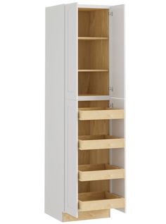 a tall white cabinet with wooden shelves on the bottom and bottom drawers in between it