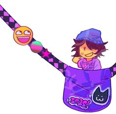 a cartoon girl holding onto a purple bag with emoticions on the handle and smiling faces