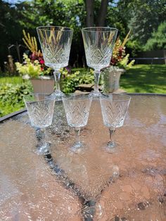 four wine glasses sitting on top of a table in front of some bushes and flowers