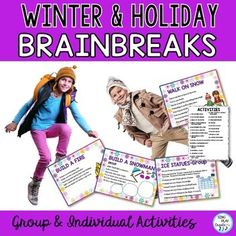 the winter and holiday brain breaks activity is shown with pictures of children in snow gear