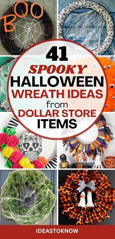 halloween wreaths and decorations with the words spooky halloween wreaths from dollar store items