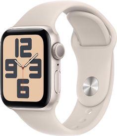 the apple watch series 4 is white and has a beige sport band with black numbers