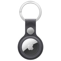 an apple logo is shown on the front of this keychain, which has a black leather finish