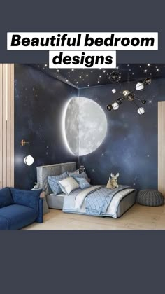 a bed room with a large moon on the wall next to a night sky mural