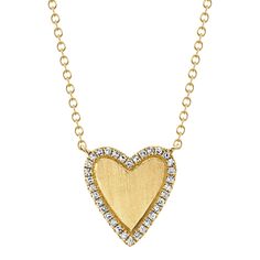 Add a romantic touch to you jewelry collection with this necklace from Shy Creation. Comprised of 14k yellow gold, this lovely necklace features a heart silhouette with a brushed finish and a border of twinkling round diamonds. The diamonds total 1/10ctw and are H in color and SI2 in clarity. The pendant measures 0.47 inches in length and 0.47 inches in width and is set in the center of a delicate chain that can be worn at 15, 16, 17, or 18 inches in length. Heart Silhouette, Diamond Heart Necklace, Golden Tree, Women's Necklace, Jared The Galleria Of Jewelry, Heart Necklace Diamond, Necklace Clasps, Yellow Gold Necklace, Delicate Chain