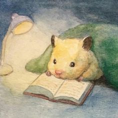 a painting of a hamster reading a book with a stuffed animal in the background