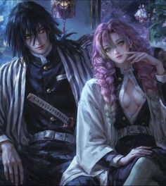 two anime characters sitting next to each other