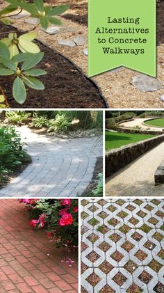 several different pictures with flowers and plants in the foreground, including brick walkways