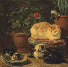 a painting of cats and kittens in a room