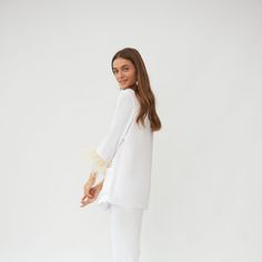 Chic White Sleepwear For Lounging, Chic White Lounging Sleepwear, White Long Pants Sets For Daywear, Elegant White Sleepwear For Loungewear, Chic White Sleepwear For Loungewear, Chic White Loungewear Sets, Chic White Relaxed Fit Sets, Elegant White Sleepwear, Chic White Sleepwear With Relaxed Fit