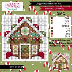 a cross stitch pattern for a gingerbread house with candy canes on the side