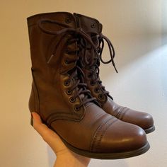 Never Worn Steve Madden Troopas. Dark, Medium Tone Brown. Size 8. ** Were Only Worn For A Few Minutes To Try On In My Bedroom. Never Worn Outside! Mid Length Boots, Brown Lace Up Boots, Shoes Steve Madden, Lace Up Combat Boots, My Bedroom, Brown Ankle Boots, Moto Boots, Shoe Game, Lace Boots