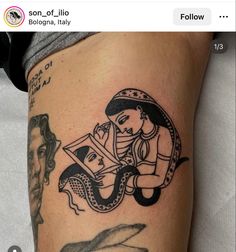 a woman's leg with tattoos on it and an image of a man reading