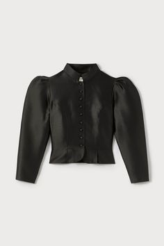 Jacket tailored from refined satin-finish fabric. Structured vintage silhouette Cropped cut Puffed sleeves Symmetrical button detailing Stand-up collar Puffy Sleeve Pattern, Edwardian Skirt, Puff Sleeve Jacket, Waist Jacket, Satin Noir, Black Costume, Vintage Silhouette, Satin Jackets, Sleeve Jacket