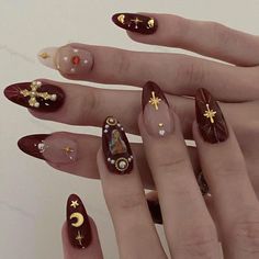 Dive into a world of mystical charm with our "Cross and Crescent Glamour" Press-On Nails. These nails are designed for the bold and spiritually inclined, featuring classic deep red and transparent nails adorned with intricate crosses, crescents, and the Virgin Mary. Perfect for those who appreciate art with a touch of divine inspiration. Key Features: - Intricate Religious Imagery: Each nail is a miniature canvas displaying symbols like the cross, crescent moons, and an icon of the Virgin Mary, Nagel Tips, Gold Nail, Almond Acrylic Nails, Nail Swag, Nailed It, Nail Art Hacks, Funky Nails, Nail Polishes, Nail Accessories