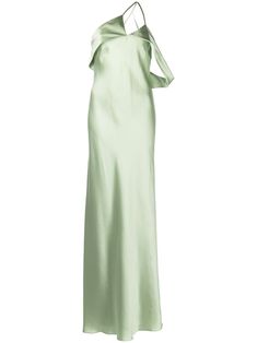 bias-cut one-shoulder gown from MICHELLE MASON featuring bias cut, one-shoulder, sleeveless, fitted waistline, long length, straight hem and sage green. Green Asymmetrical Dress, Sister Dresses, Gown Green, Abigail Dress, Sisters Dress, Michelle Mason, One Shoulder Gown, Luxurious Fabric, Evening Gowns Formal