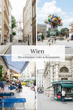 the collage shows people walking and sitting at tables in front of buildings with colorful decorations on them