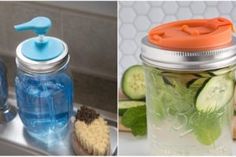 two pictures side by side one has a mason jar and the other has cucumbers in it