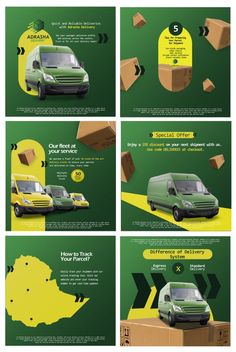 four different types of green and yellow transportation adverts with the words, how do you