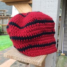 Handmade Beanie Hat. Red Beanie Hat, One Size Fits Most, Red Beanie Hat One Size Fits Most, Red Crochet Wide Brim Hat, Red Wide Brim Crochet Hat, Red One Size Beanie Hat, Red Slouchy Hat For Winter, Red Brimmed Crochet Hat, Red Slouchy Winter Hat, Slouchy Red Hat For Winter