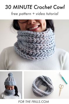 a woman wearing a knitted scarf and hat with text overlay that says 30 minute crochet cowl