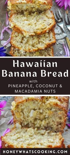 banana bread with pineapple, coconut and macadamia nuts is cut in half