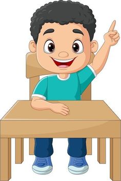 a little boy sitting at a table with his hand up