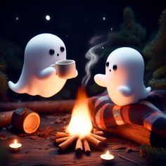 two ghost dolls sitting next to a campfire with marshmallows on it