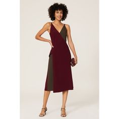 Burgundy and olive twill (92% Polyester, 8% Spandex). Sheath. V-neck. Sleeveless. Side zipper closure. 45.5" from shoulder to hemline. Imported. Wedding Guest Dress Trends, Spring Wedding Guest, Spring Wedding Guest Dress, Rent The Runway, Asymmetrical Design, Green Print, Trending Dresses, Asymmetrical Dress, Dress First