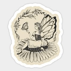 a black and white drawing of a fairy sitting on top of a flower