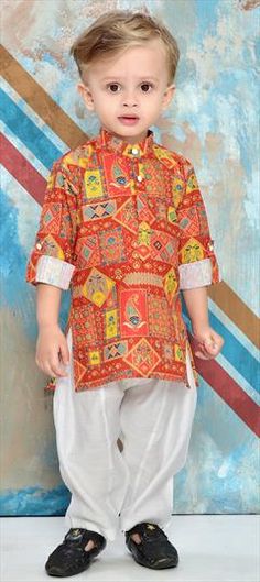 Orange color Boys Kurta Pyjama in Cotton fabric with Printed work Patterned Cotton Sets With Long Sleeves, Casual Multicolor Kurta For Festive Season, Casual Multicolor Long Sleeve Kurta, Multicolor Cotton Sets For Festivals, Multicolor Cotton Sets With Printed Motifs, Orange Cotton Sets With Printed Motifs, Orange Cotton Long Sleeve Kurta, Multicolor Long Sleeve Cotton Kurta, Orange Printed Cotton Set