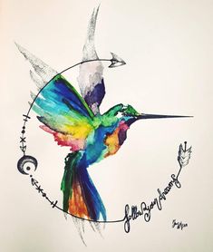 a drawing of a colorful hummingbird in flight